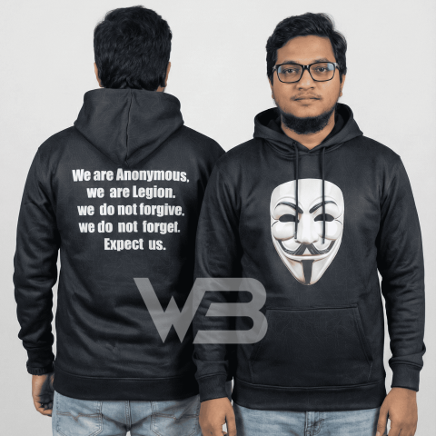 Unisex model wearing Black Anonymous Hacker Hoodie for street style look